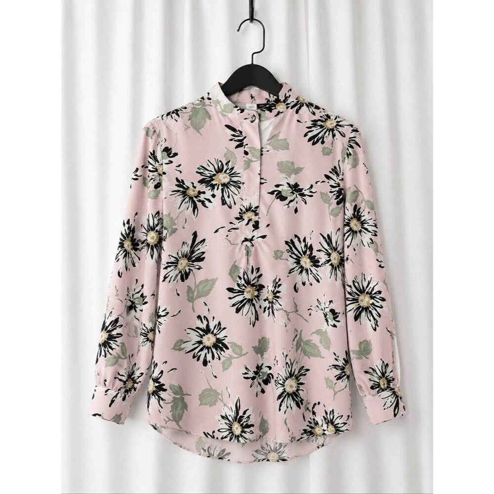 Anne Klein Pink Daisy Print Mock Neck Long Sleeve Career Wear Popover Blouse